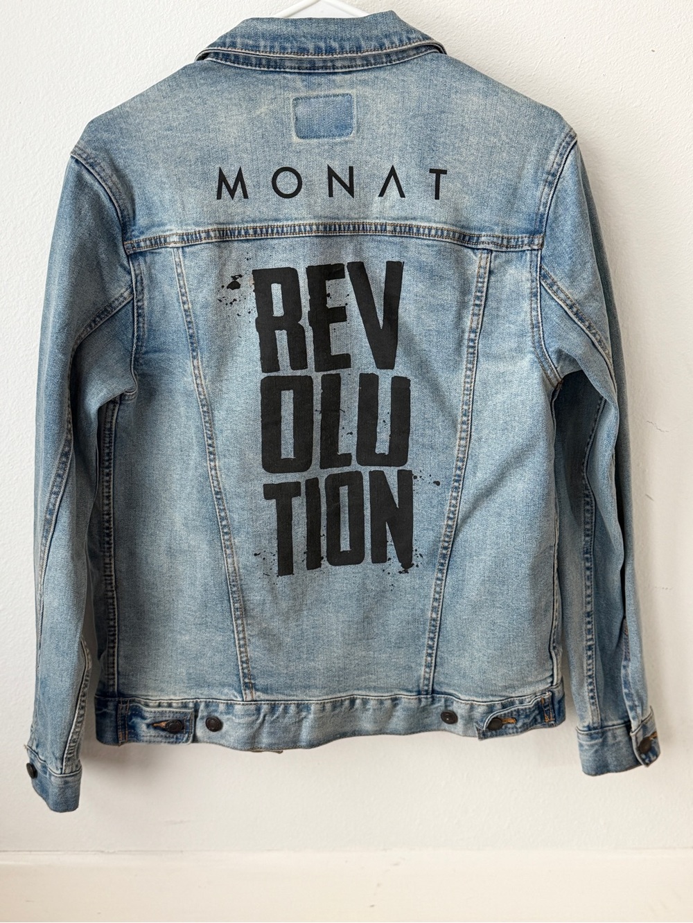 MONAT Light Blue Denim Jean Jacket with Black 'REVOLUTION' Back Graphic